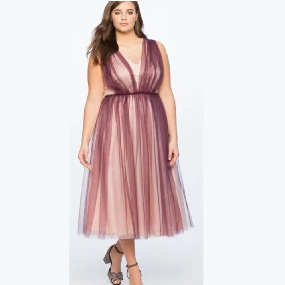 Eloquii Burgundy and Cream Tulle Midi Dress